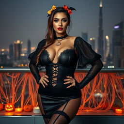 A captivating portrait of a sexy woman in Dubai, showcasing her BIG, voluptuous figure and a provocative pose with a Halloween theme