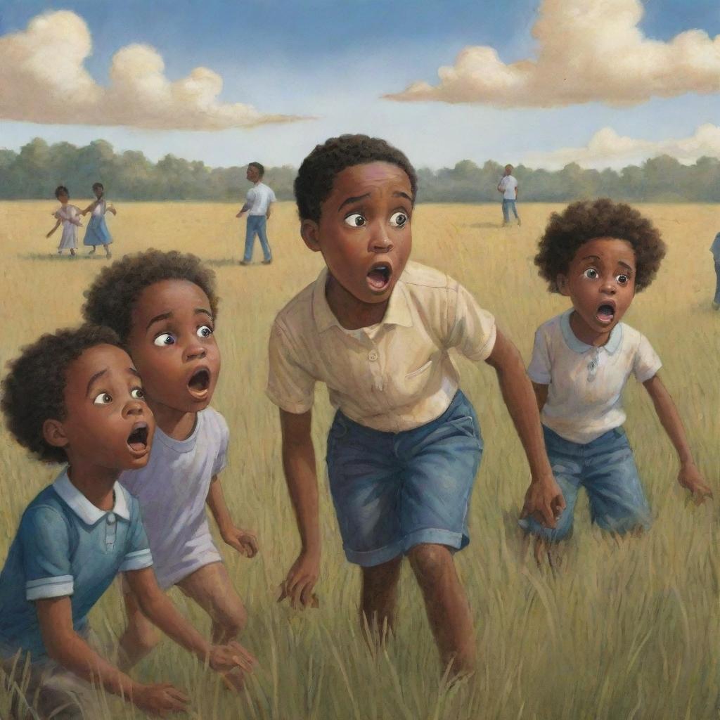 A dramatic scene from a children's book featuring a group of African Americans in a field, suddenly surprised by an unexpected accident. Confusion and shock are clearly visible in their reactions.