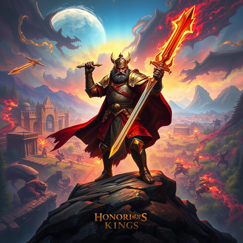 A vivid scene inspired by the game 'Honor of Kings', featuring a heroic warrior dressed in ornate armor, wielding a glowing sword