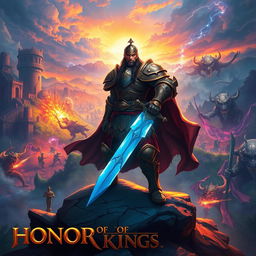 A vivid scene inspired by the game 'Honor of Kings', featuring a heroic warrior dressed in ornate armor, wielding a glowing sword