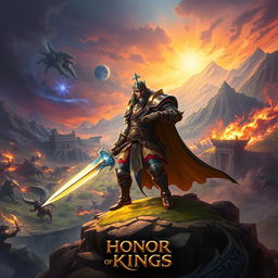 A vivid scene inspired by the game 'Honor of Kings', featuring a heroic warrior dressed in ornate armor, wielding a glowing sword