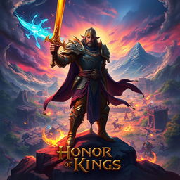 A vivid scene inspired by the game 'Honor of Kings', featuring a heroic warrior dressed in ornate armor, wielding a glowing sword