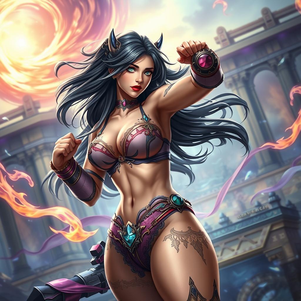 A dynamic and captivating image of Luara from 'Honor of Kings', portrayed in a confident and heroic stance while wearing stylish and intricate lingerie that reflects her unique character design