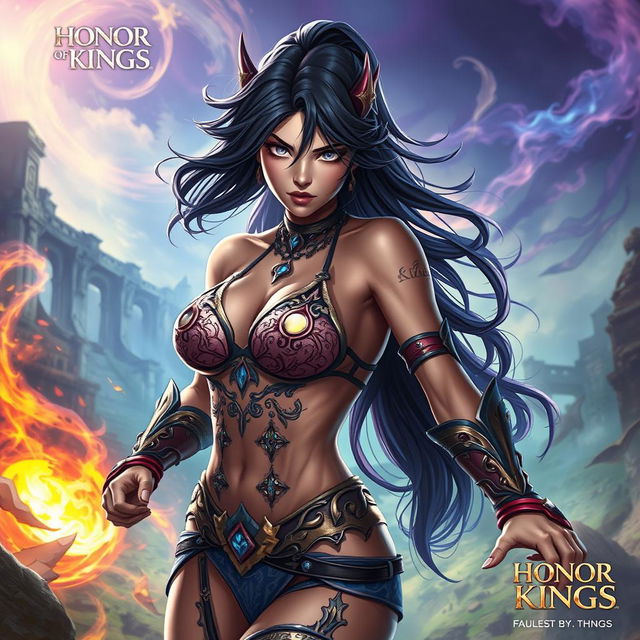 A dynamic and captivating image of Luara from 'Honor of Kings', portrayed in a confident and heroic stance while wearing stylish and intricate lingerie that reflects her unique character design