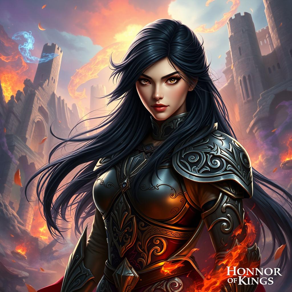 A striking and enchanting image of Luara from 'Honor of Kings', portrayed as a beautiful dark-haired warrior