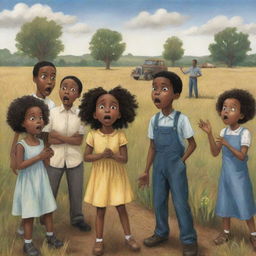 A dramatic scene from a children's book featuring a group of African Americans in a field, suddenly surprised by an unexpected accident. Confusion and shock are clearly visible in their reactions.