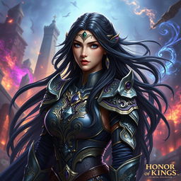 A striking and enchanting image of Luara from 'Honor of Kings', portrayed as a beautiful dark-haired warrior