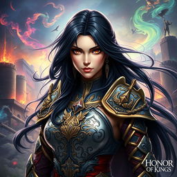 A striking and enchanting image of Luara from 'Honor of Kings', portrayed as a beautiful dark-haired warrior