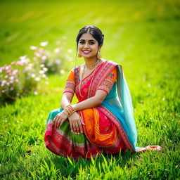 A beautiful South Asian woman in a colorful traditional garb known as a gagra, squatting in a vibrant green field