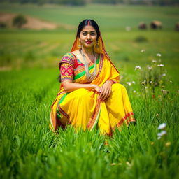 A beautiful South Asian woman in a colorful traditional garb known as a gagra, squatting in a vibrant green field