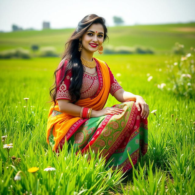 A beautiful South Asian woman in a colorful traditional garb known as a gagra, squatting in a vibrant green field