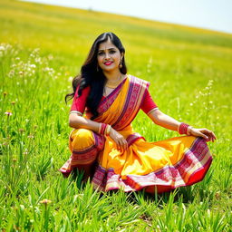 A beautiful South Asian woman in a colorful traditional garb known as a gagra, squatting in a vibrant green field