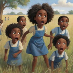 A dramatic scene from a children's book featuring a group of African Americans in a field, suddenly surprised by an unexpected accident. Confusion and shock are clearly visible in their reactions.