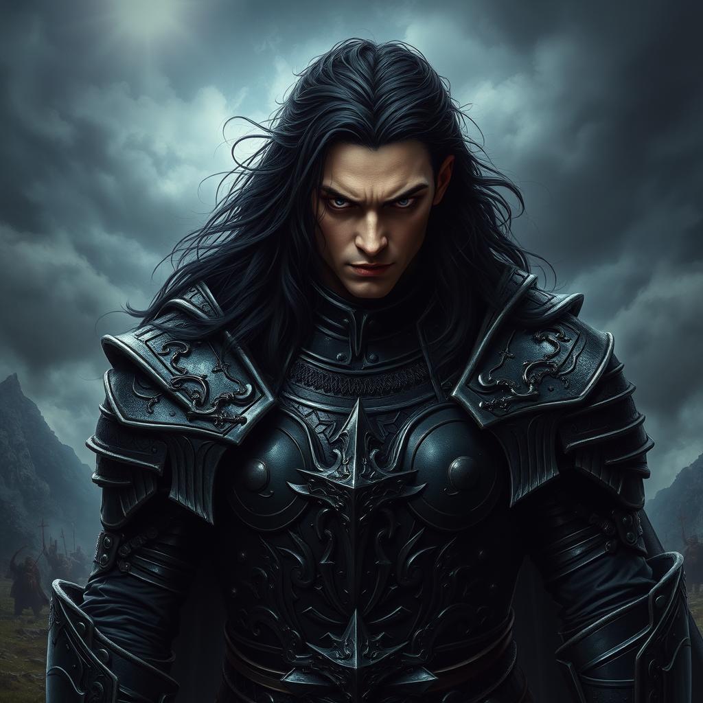 A male dark prince, fierce and imposing, with long black hair and deep dark eyes that convey a sense of grim determination