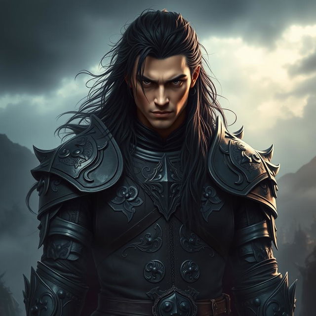 A male dark prince, fierce and imposing, with long black hair and deep dark eyes that convey a sense of grim determination