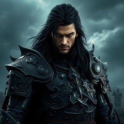 A male dark prince, fierce and imposing, with long black hair and deep dark eyes that convey a sense of grim determination