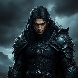 A male dark prince, fierce and imposing, with long black hair and deep dark eyes that convey a sense of grim determination