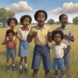 A dramatic scene from a children's book featuring a group of African Americans in a field, suddenly surprised by an unexpected accident. Confusion and shock are clearly visible in their reactions.