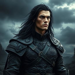 A male dark prince, fierce and commanding, with long black hair and piercing dark eyes