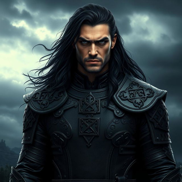 A male dark prince, fierce and commanding, with long black hair and piercing dark eyes