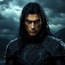 A male dark prince, fierce and commanding, with long black hair and piercing dark eyes