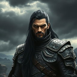 A male dark prince, fierce and commanding, with long black hair and piercing dark eyes