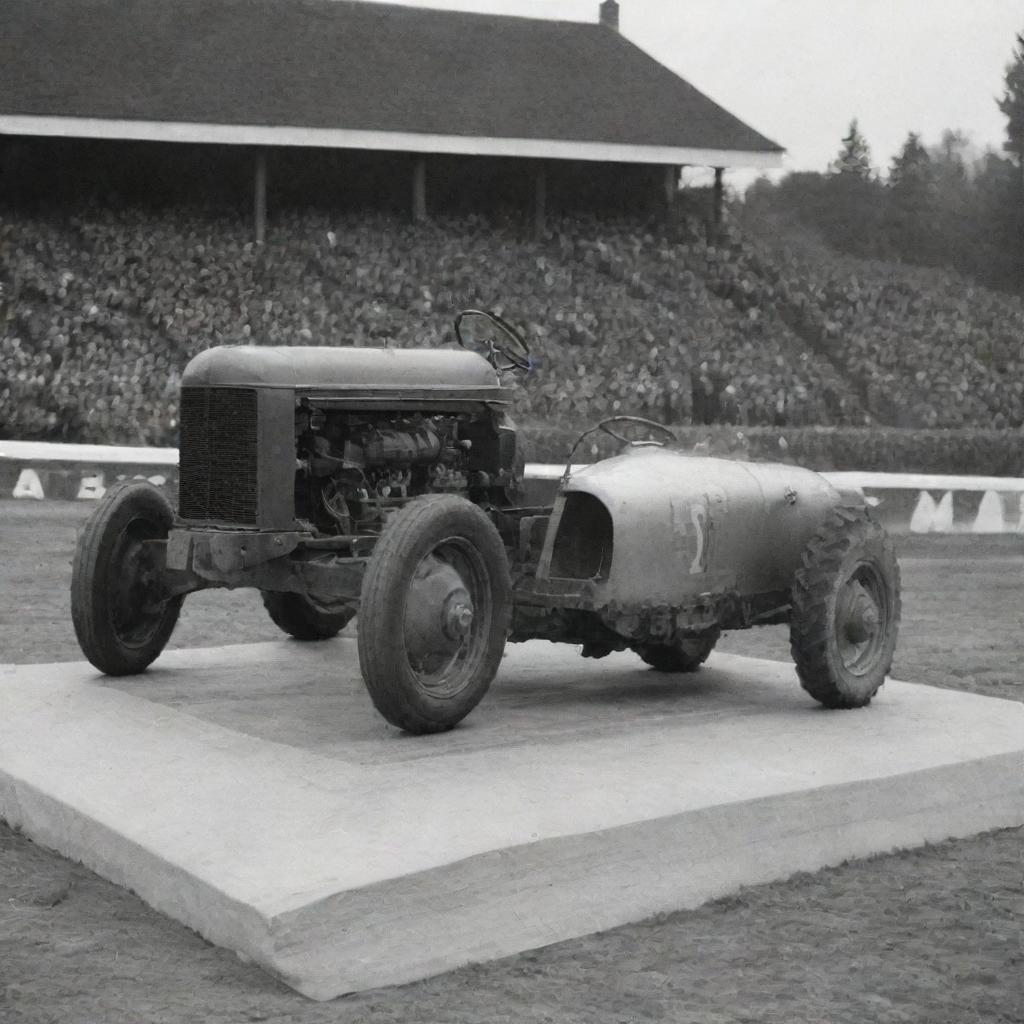 The first Lamborghini car and the first tractor standing on a podium, with a trophy at the top.