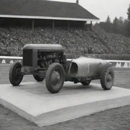 The first Lamborghini car and the first tractor standing on a podium, with a trophy at the top.