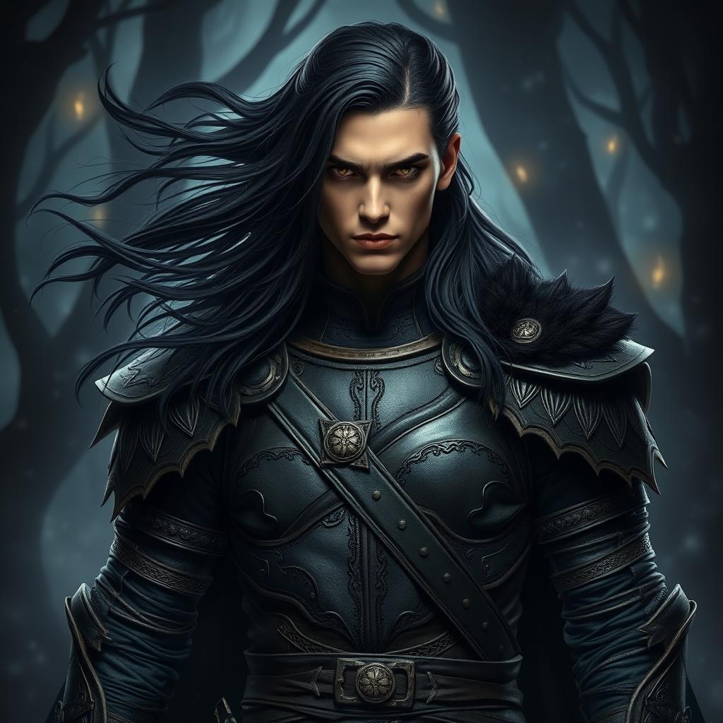 A male dark prince, proud and defiant, with flowing long black hair and intense dark eyes that reflect his warrior spirit