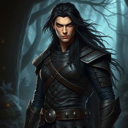 A male dark prince, proud and defiant, with flowing long black hair and intense dark eyes that reflect his warrior spirit