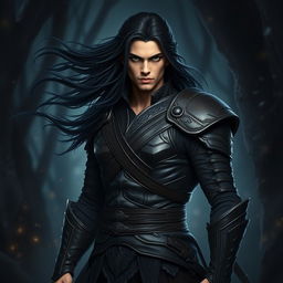 A male dark prince, proud and defiant, with flowing long black hair and intense dark eyes that reflect his warrior spirit