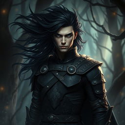 A male dark prince, proud and defiant, with flowing long black hair and intense dark eyes that reflect his warrior spirit