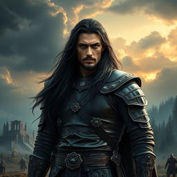 A 35-year-old male dark prince, exuding pride and strength, with long black hair flowing down and captivating black eyes that hint at his warrior nature