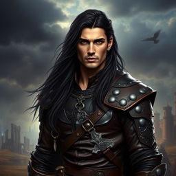 A 35-year-old male dark prince, exuding pride and strength, with long black hair flowing down and captivating black eyes that hint at his warrior nature