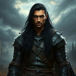 A 35-year-old male dark prince, exuding pride and strength, with long black hair flowing down and captivating black eyes that hint at his warrior nature