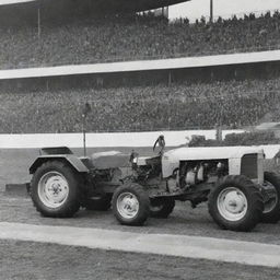 The first Lamborghini car and the first tractor standing on a podium, with a trophy at the top.