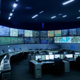 The expansive desk in the SWAT Control Room, filled with numerous screens displaying real-time data, strategic maps, and intricate communications equipment.