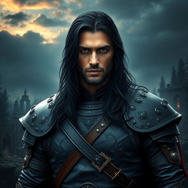 A 35-year-old male dark prince, exuding pride and strength, with long black hair flowing down and captivating black eyes that hint at his warrior nature