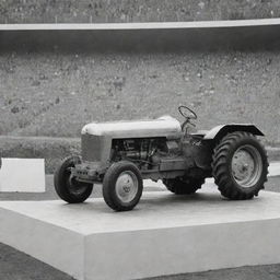The first Lamborghini car and the first tractor standing on a podium, with a trophy at the top.
