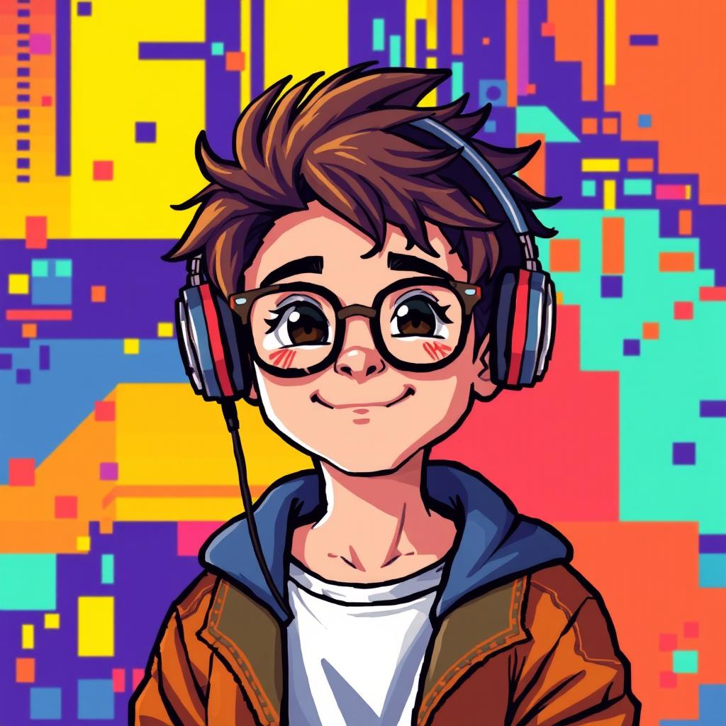 A vibrant and colorful pixel art scene featuring a young boy with glasses and headphones resting on his head