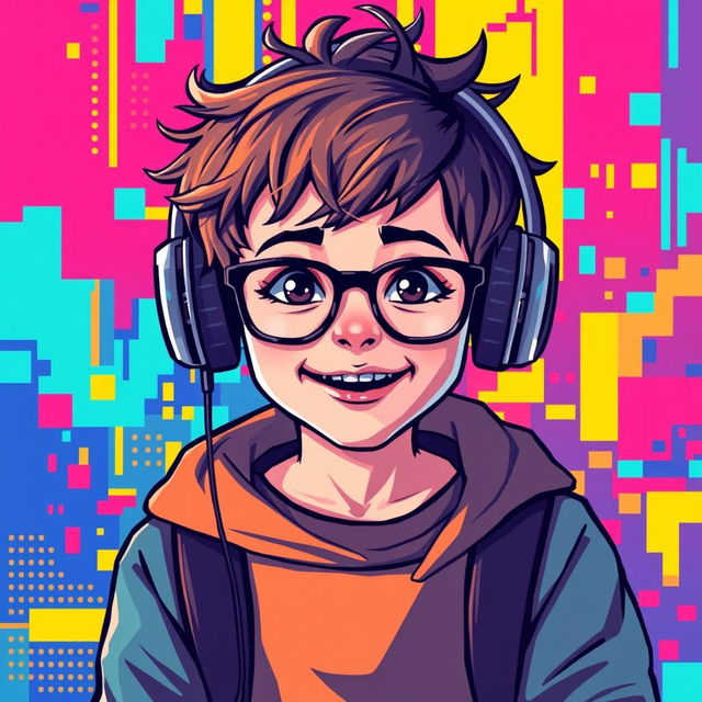 A vibrant and colorful pixel art scene featuring a young boy with glasses and headphones resting on his head