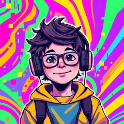 A vibrant and colorful pixel art scene featuring a young boy with glasses and headphones resting on his head