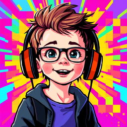 A vibrant and colorful pixel art scene featuring a young boy with glasses and headphones resting on his head