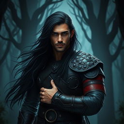 A 35-year-old male dark prince, proudly standing with long black hair flowing elegantly and deep brown eyes that reflect both wisdom and strength