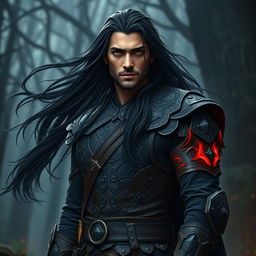 A 35-year-old male dark prince, proudly standing with long black hair flowing elegantly and deep brown eyes that reflect both wisdom and strength