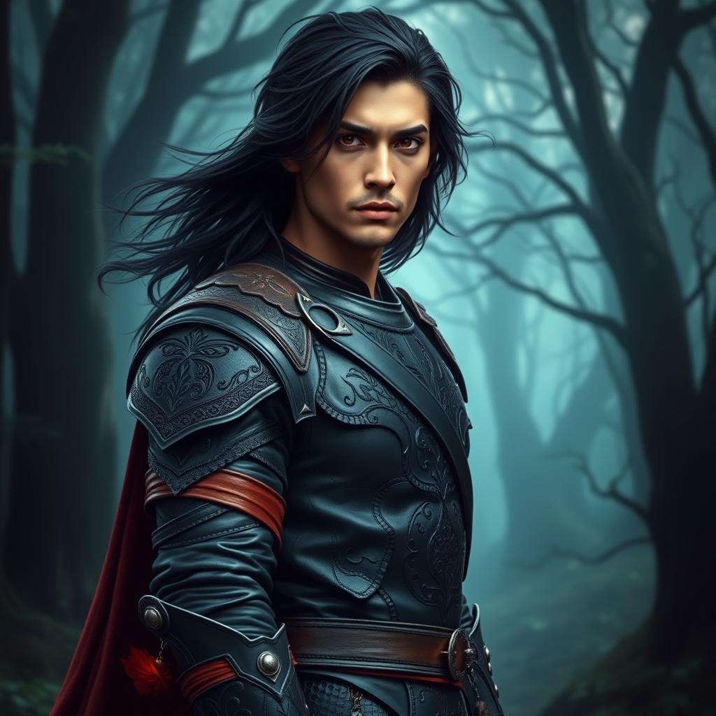 A 35-year-old male dark prince, proudly standing with long black hair flowing elegantly and deep brown eyes that reflect both wisdom and strength