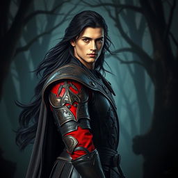 A 35-year-old male dark prince, proudly standing with long black hair flowing elegantly and deep brown eyes that reflect both wisdom and strength