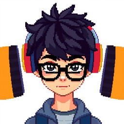 A pixel art style character of a young adult male with glasses and black hair, wearing headphones