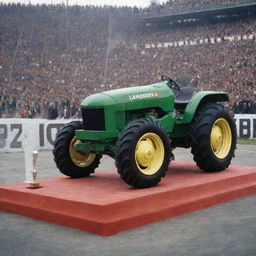 The first Lamborghini car and the first tractor standing on a podium, with a trophy at the top.