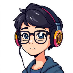 A pixel art style character of a young adult male with glasses and black hair, wearing headphones